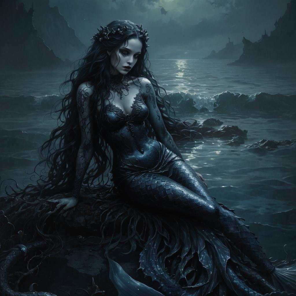 Gothic Mermaid in Dark Fantasy Oil Painting