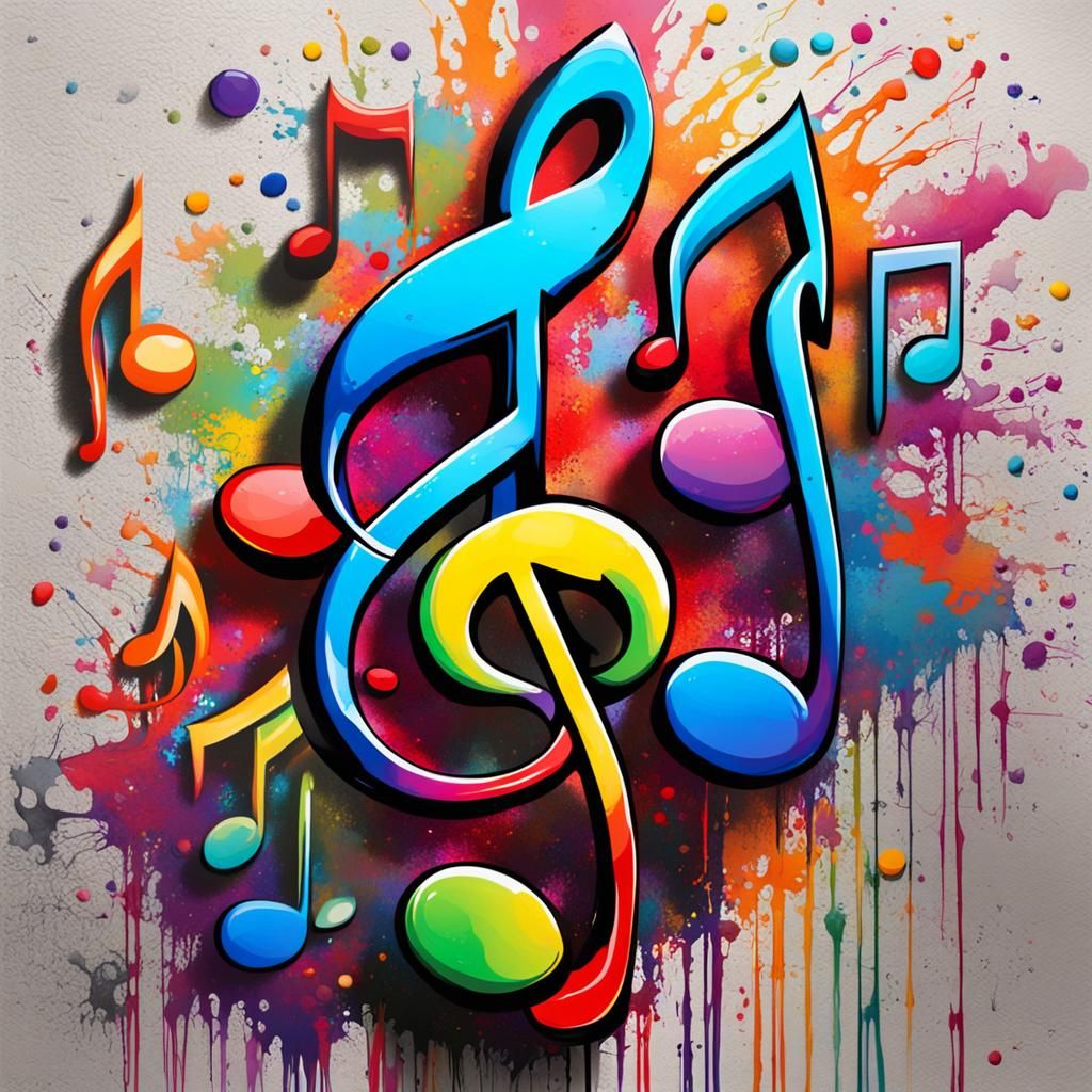 Vibrant Music Notes in Polychromatic Graffiti Style