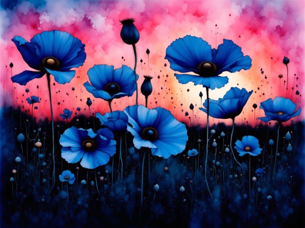 Blue Poppies in Pink Light: Watercolor Ink Art