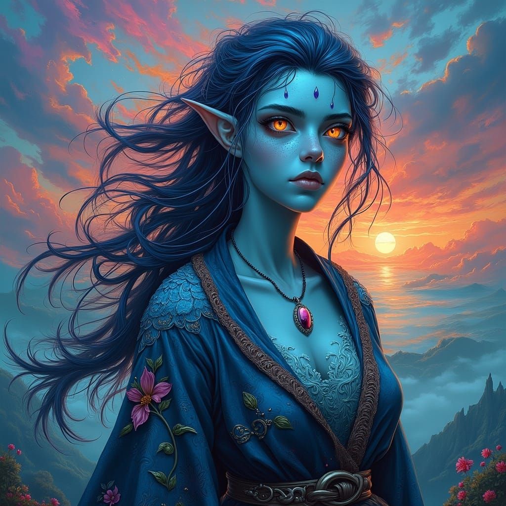 Dreamlike Tiefling Enchantress in Midnight Blue