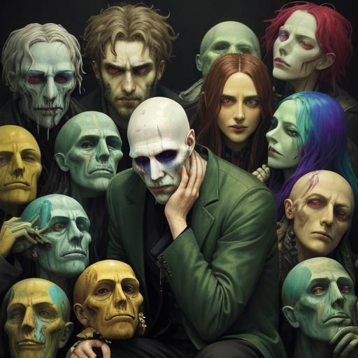 Distressed Man Surrounded by Taunting Heads: Surreal Oil Pai...