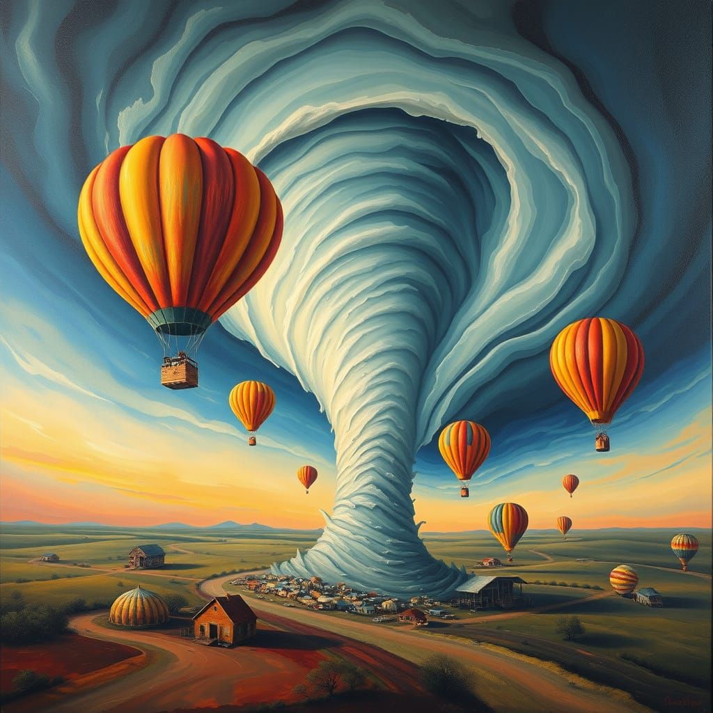 Surreal Hot Air Balloons in Tornado, Oil Paint Effect