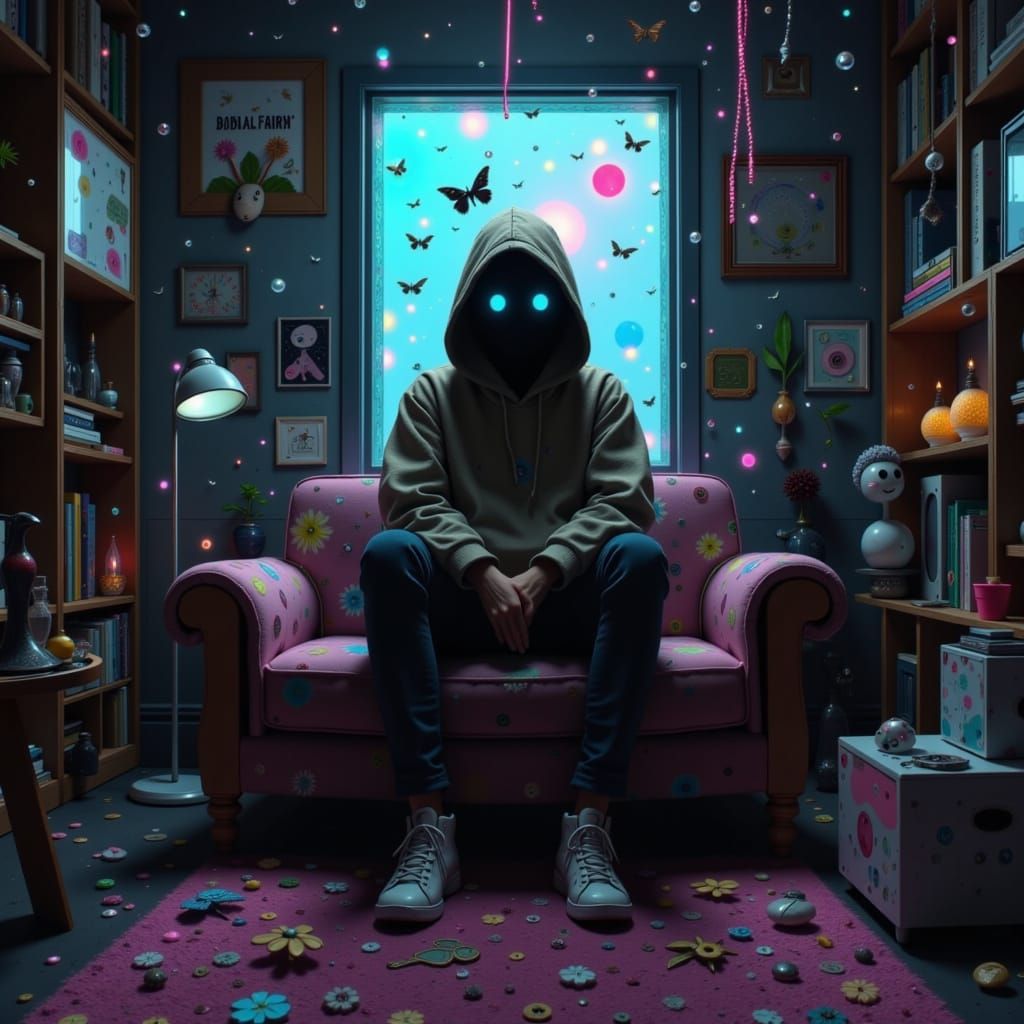 Anxious Person in Dystopian Cyberpunk Room