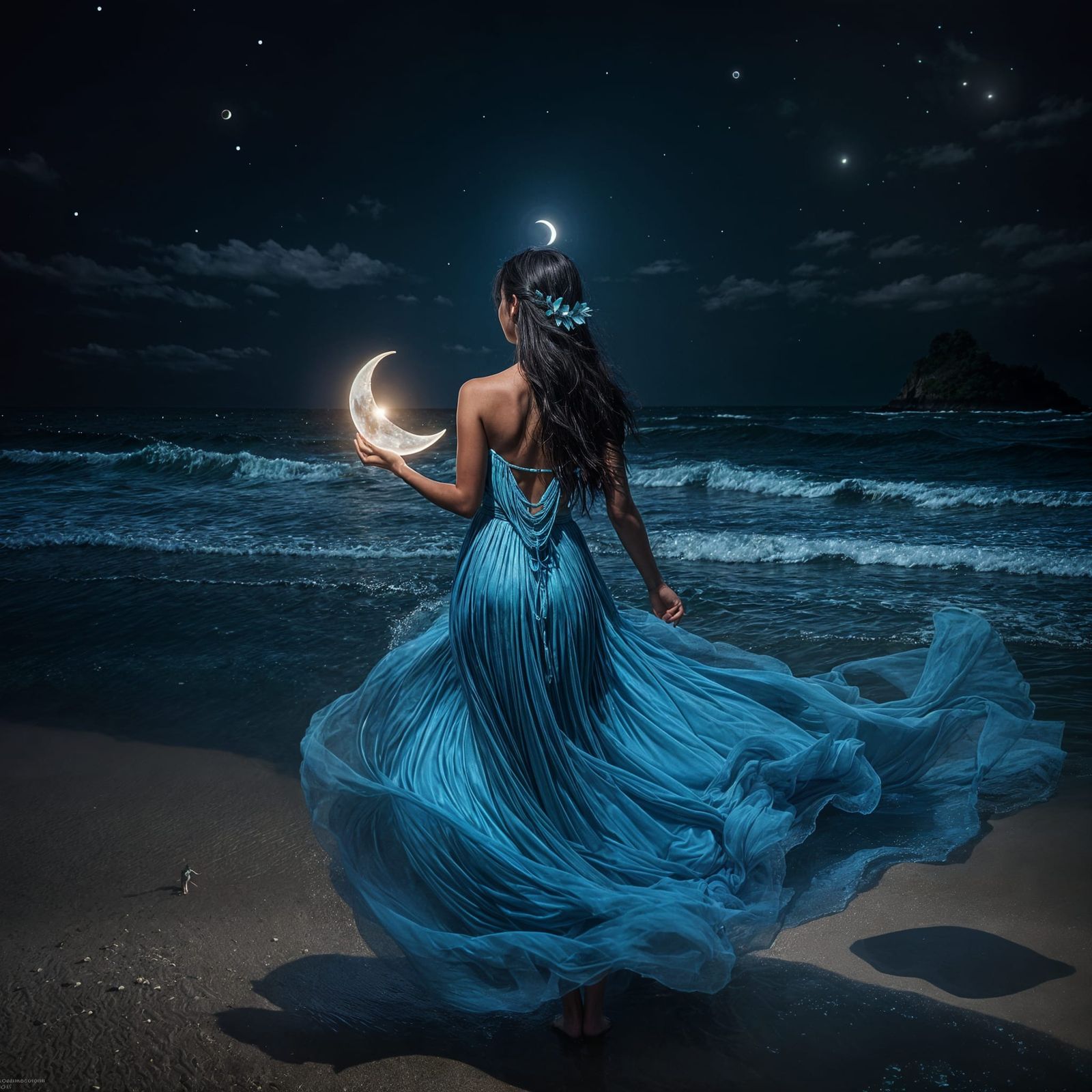 Glowing Sea Goddess Strolls Under Stars in Realistic Nightti...