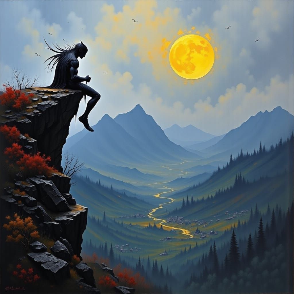 Lonely Demon Contemplates Village From Cliffside