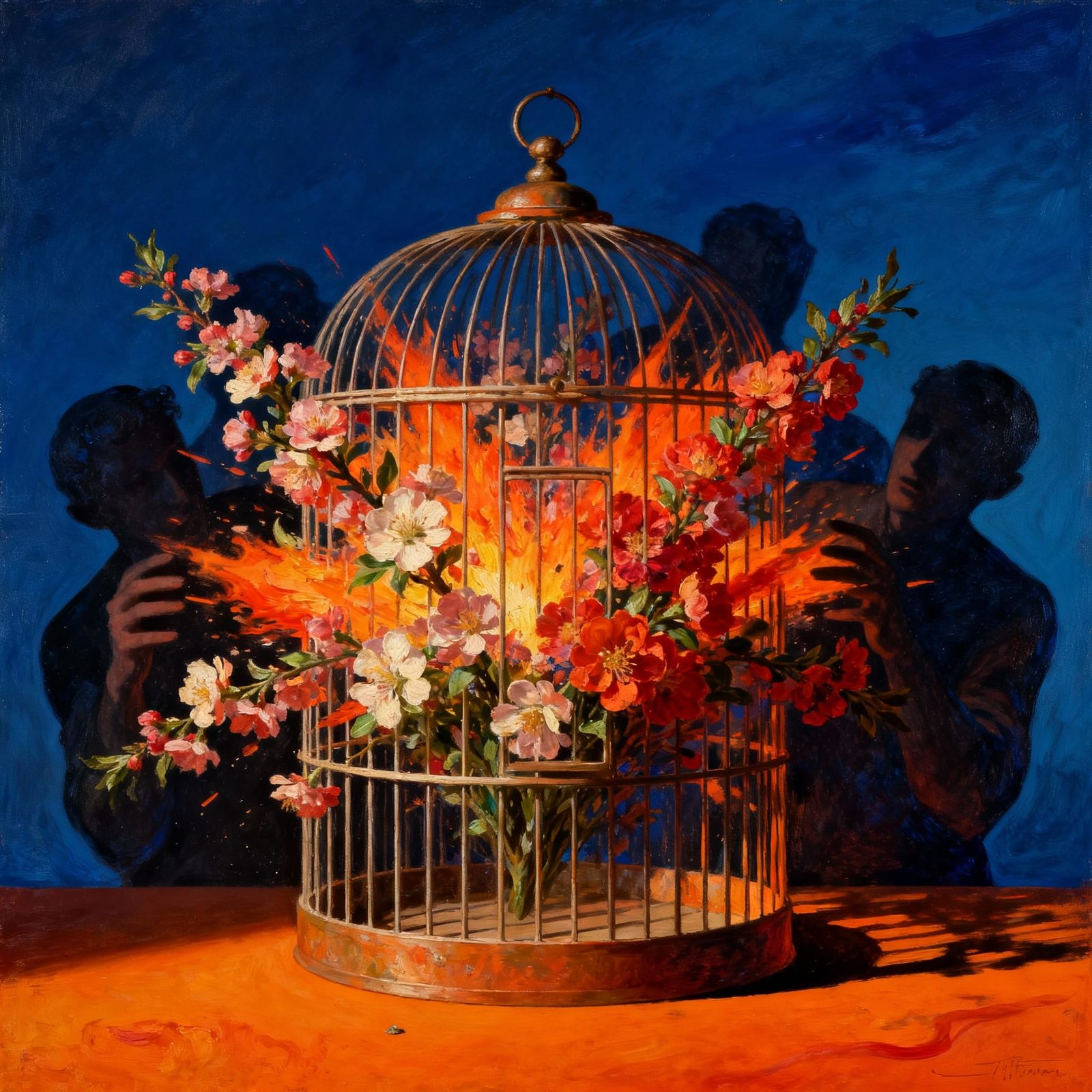 Surrealist Oil Painting: Birdcage of Desire vs. Shadowy Limi...