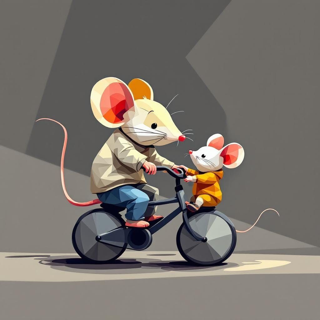 Geometric Mouse Family Bike Lesson in Picasso Style