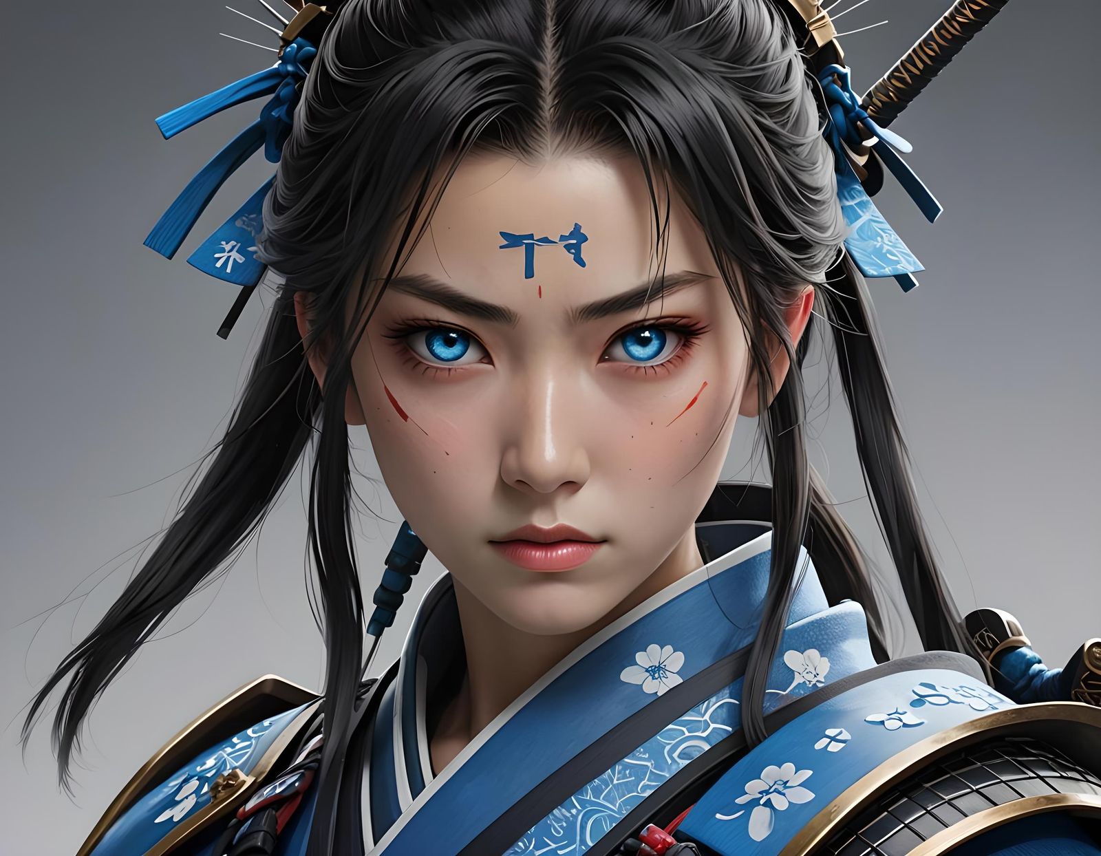 Mizu, the Blue-Eyed Samurai in Elegant Samurai Attire