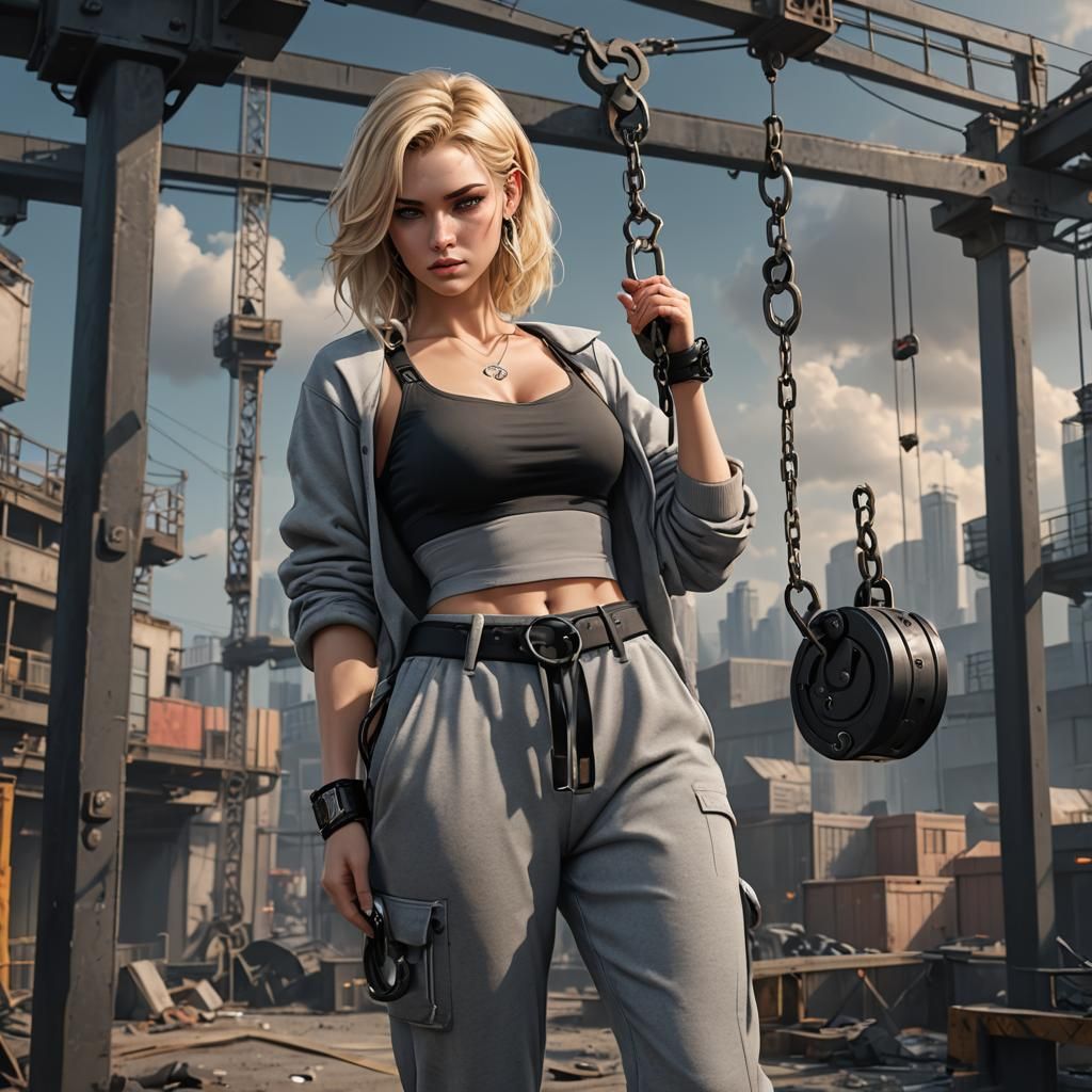 Blonde Girl Dangles from Crane in Surreal Fantasy Scene