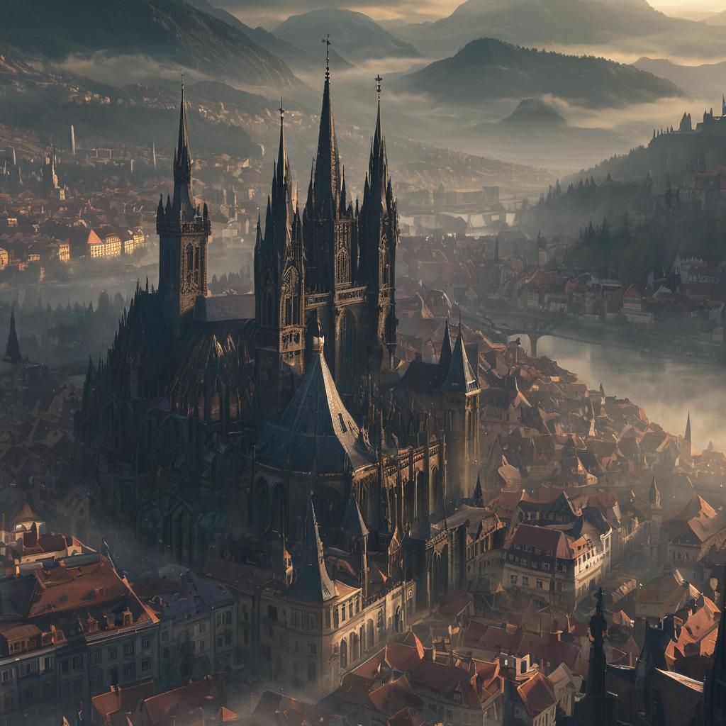 Ethereal Prague-Inspired Metropolis Amidst Mystical Mountain...