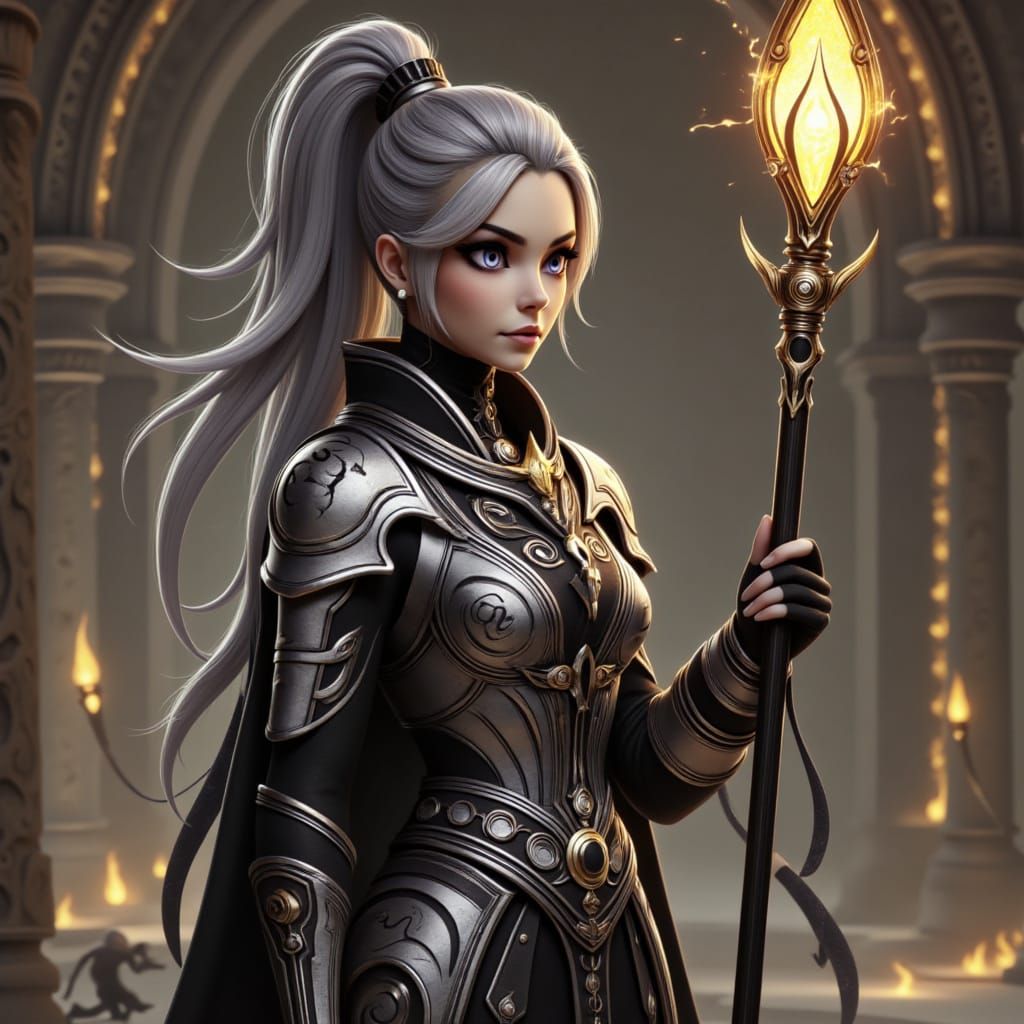 Warrior Queen in Mystical Temple with Crystal Staff