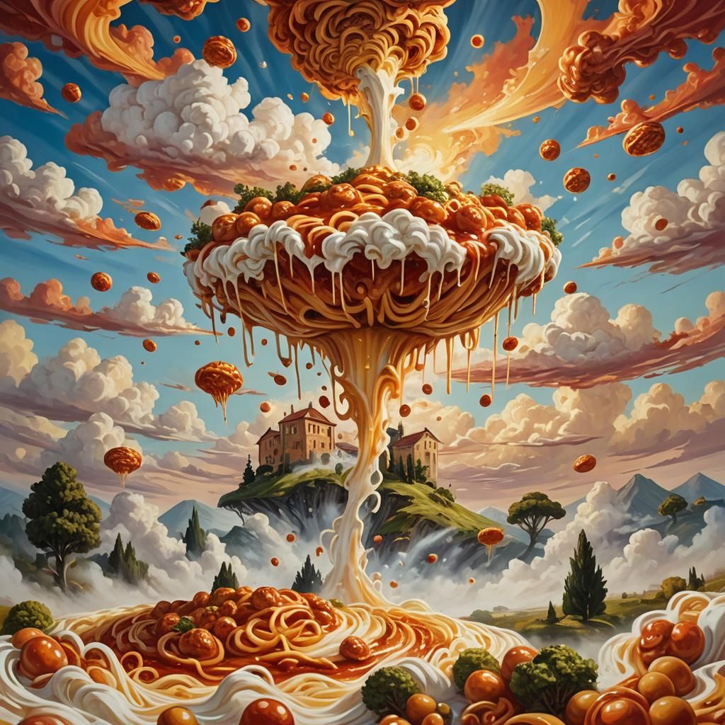 Vibrant Pasta Island Under Golden Skies