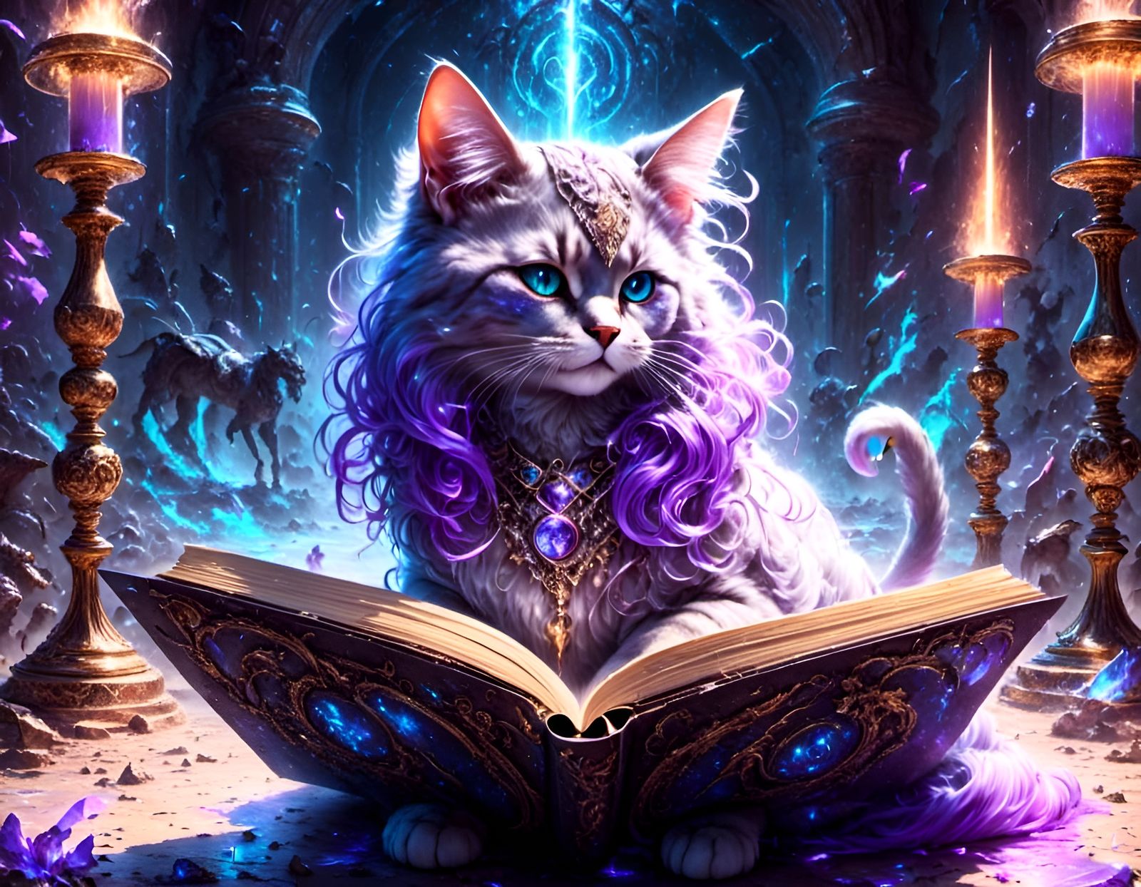Magical Cat Wields Wand in Majestic Fantasy Wedding Scene