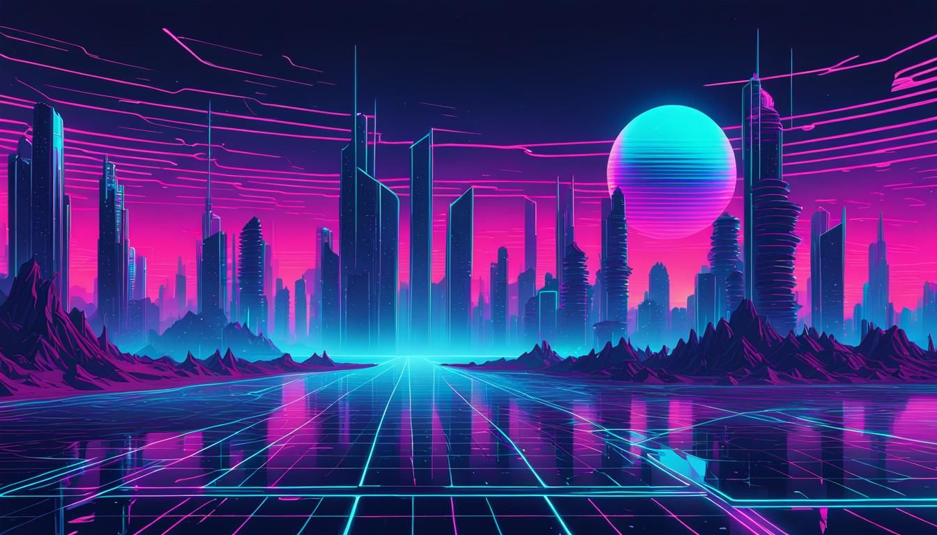 Futuristic Alien Planet City in Vibrant Vaporwave Patterns