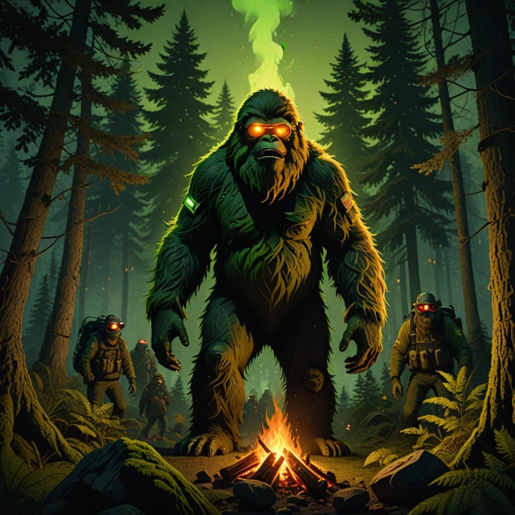 Sasquatch wearing Night-vision goggles hiding in the bushes ...