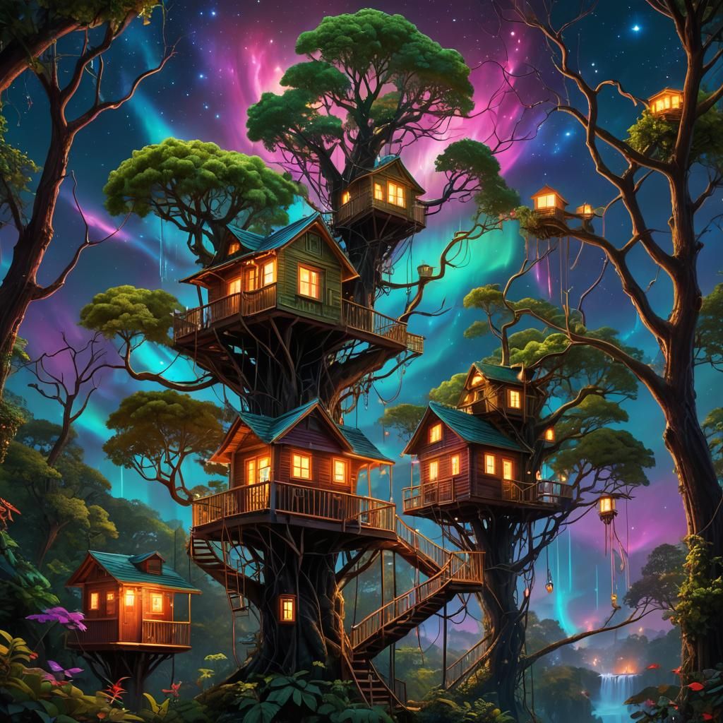 Neon Jungle Treehouses Shine Bright Amidst Vibrant Aurora