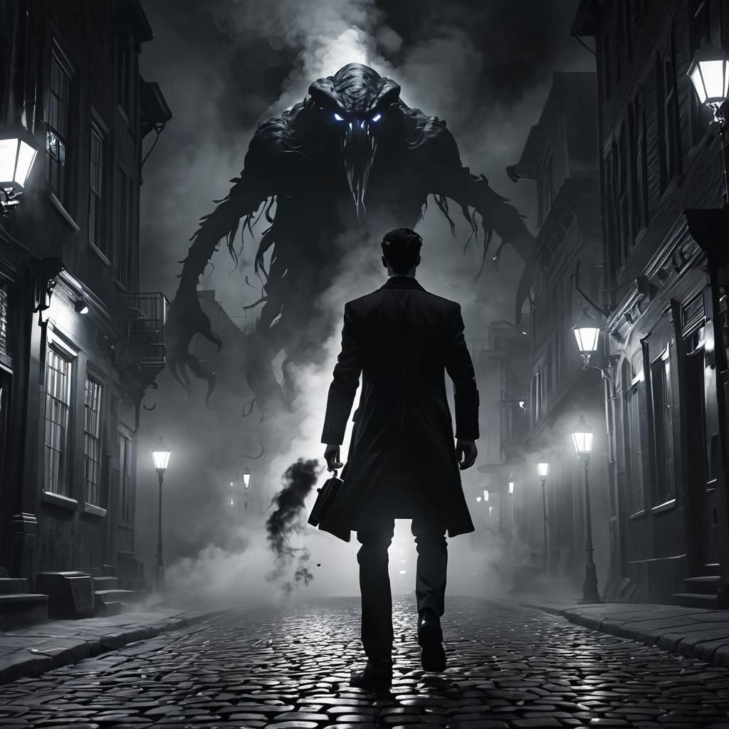 Grim Noir Hunter Pursues Ethereal Monster Through Futuristic...