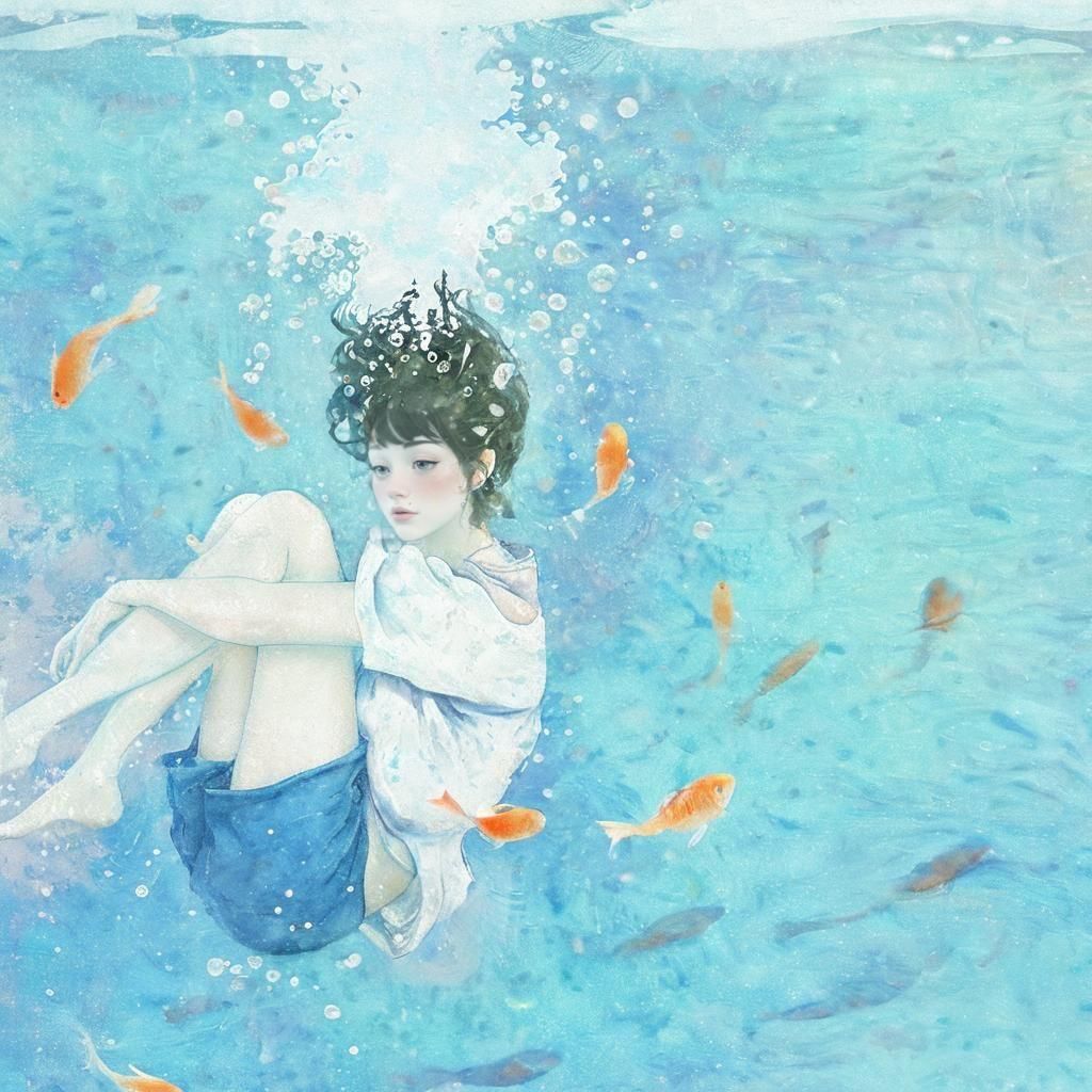 Dreamy Water Scene with Anime Details and Vibrant Colors