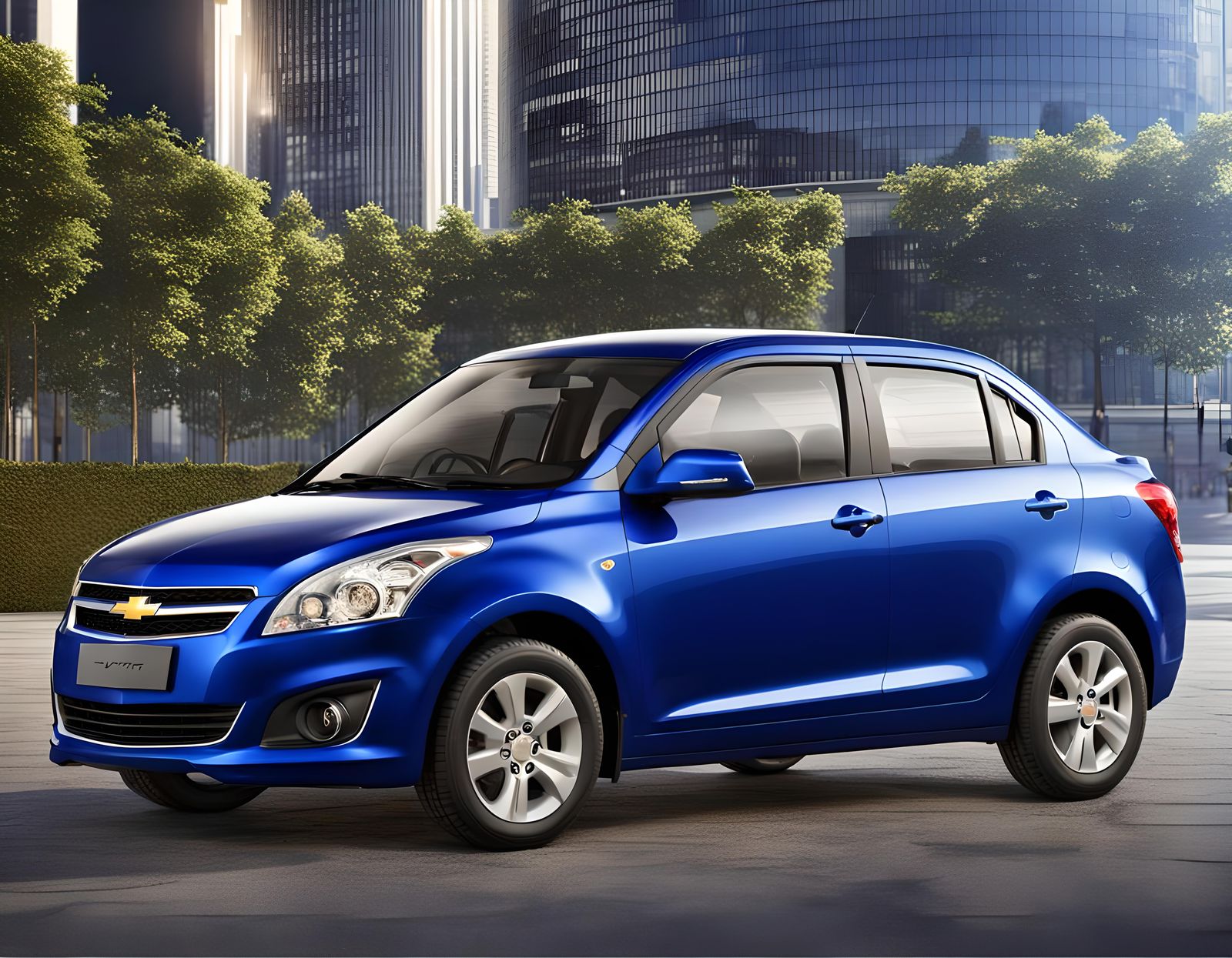 Sleek Blue 2013 Chevrolet Swift DZire in a 3D Cityscape Mast...