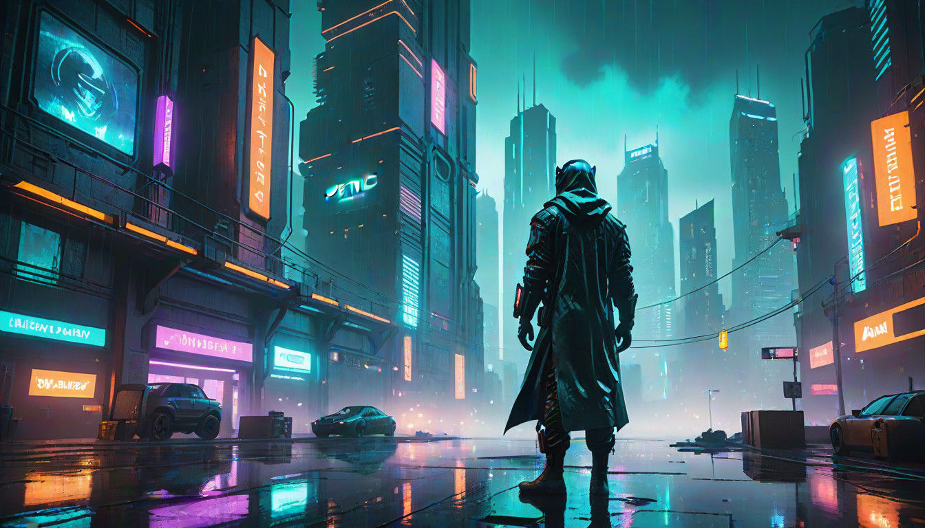 Vigilante on a Rainy City Rooftop in Neon Noir Style