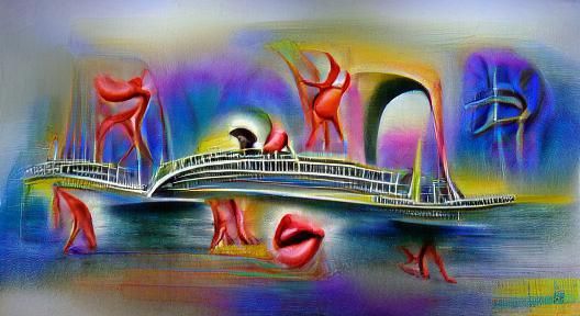 Bridge dancing with a cruise ship child's drawing art deco a...