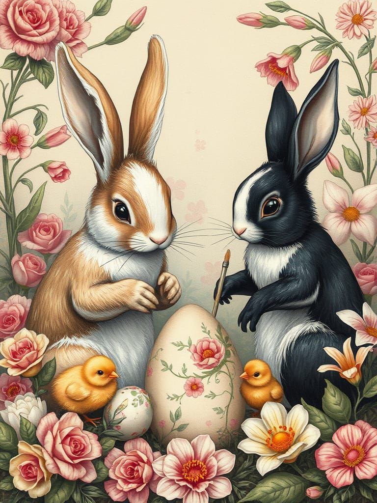 Bunnies and Chicks Painting Easter Eggs: Vintage Illustratio...