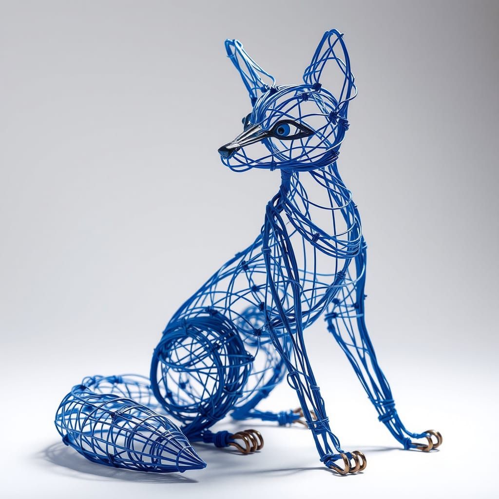 Wire Fox Sculpture Art: Blue and Copper Design