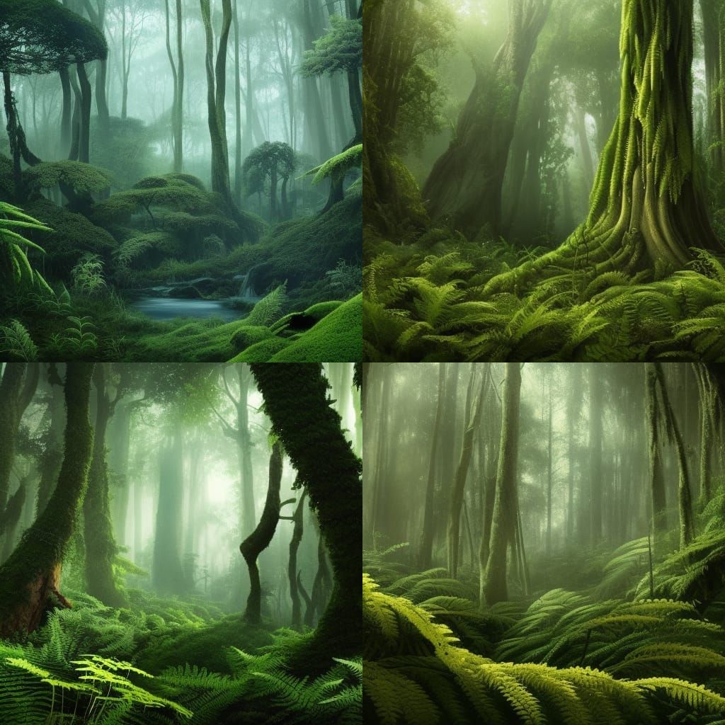 Epic Forest Landscape with Ferns in Maximalist Digital Paint...