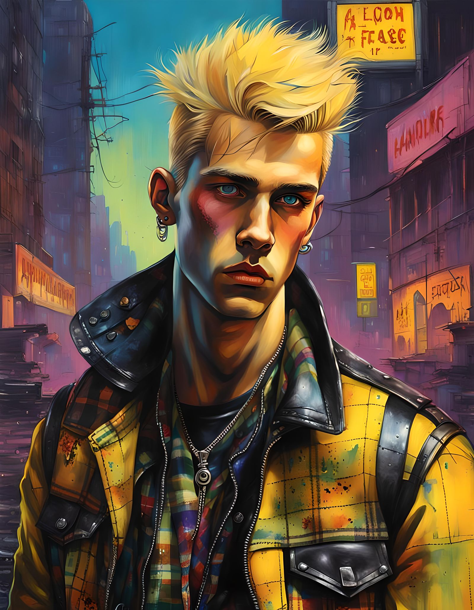 Vintage Punk Rock Icon in Neon Splendor