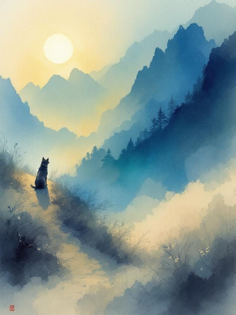 Dog in Sunlight: Atmospheric Watercolor Art