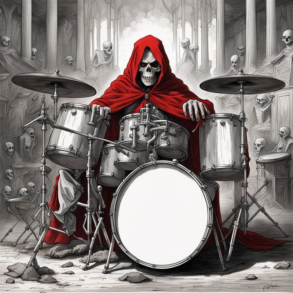 Skeletal Musician in Red Cape Plays Drums at Metal Concert