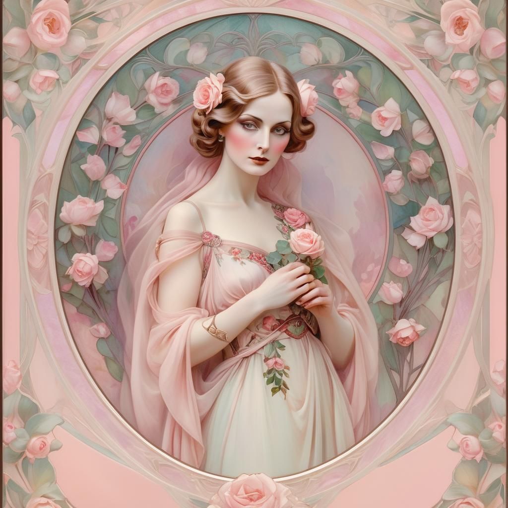 Greta Gabro in style of Alphonse Mucha, art nuveau