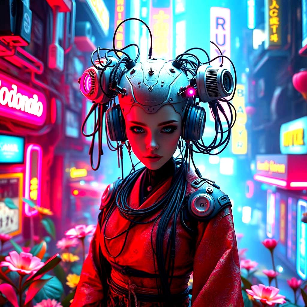 Cyberpunk Geisha in a Futuristic Garden, Bright and Colorful