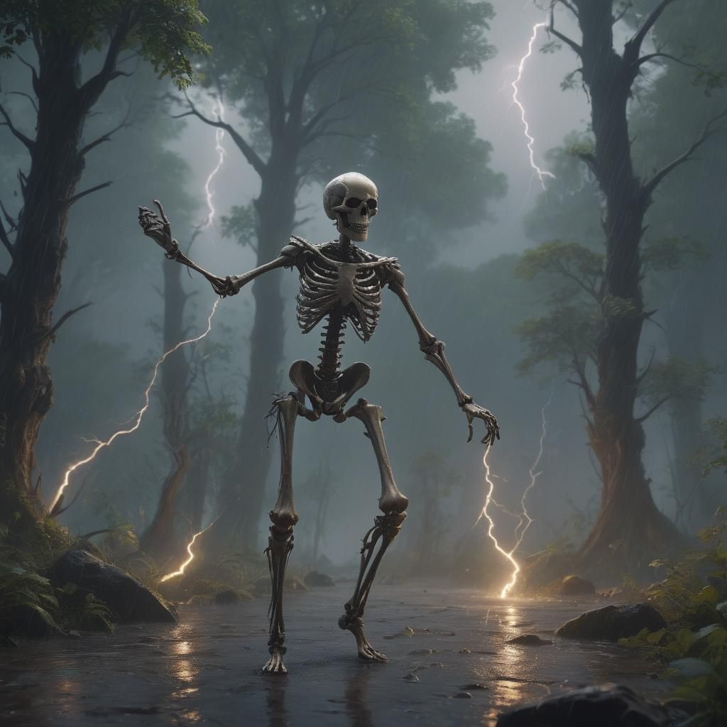 Surreal Skeleton Dances in a Stormy Forest