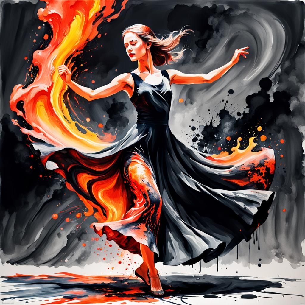 Lady Dancing in Lava Dress as Action Painting in 8K Resoluti...