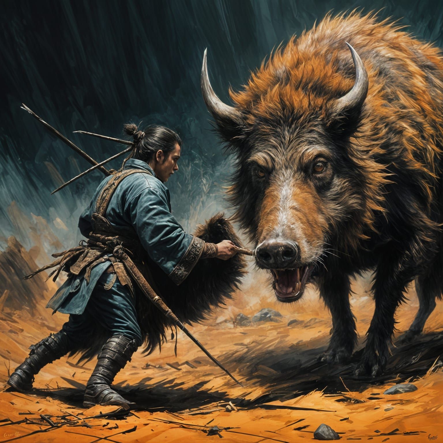 Samurai's Last Stand Against Wild Boar in Dramatic Style