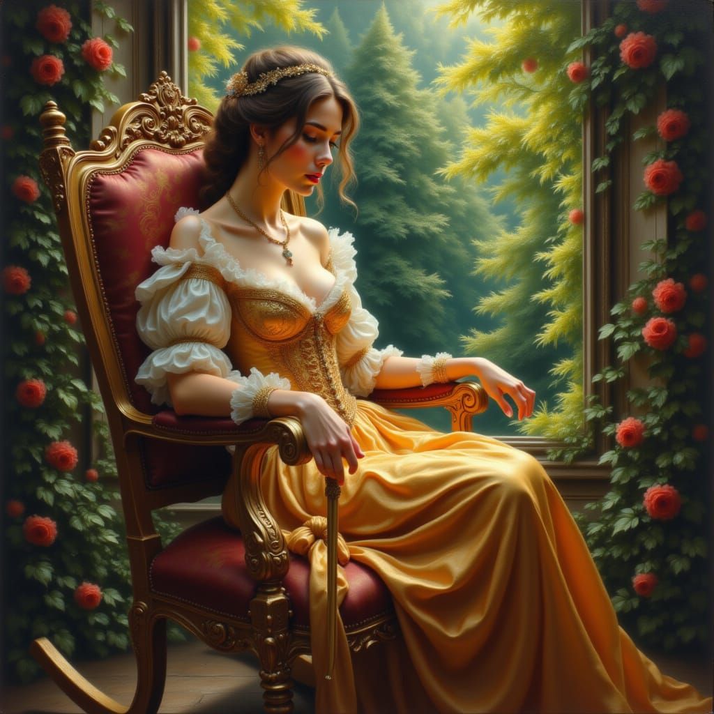 Woman in Ornate Chair Amidst Lush Forest in Baroque Watercol...