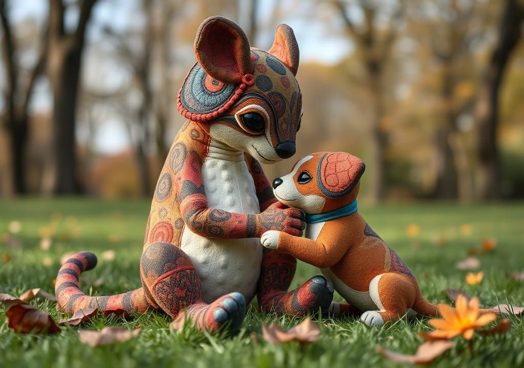 Cute Plushie Monster Playing with a Puppy in the Park