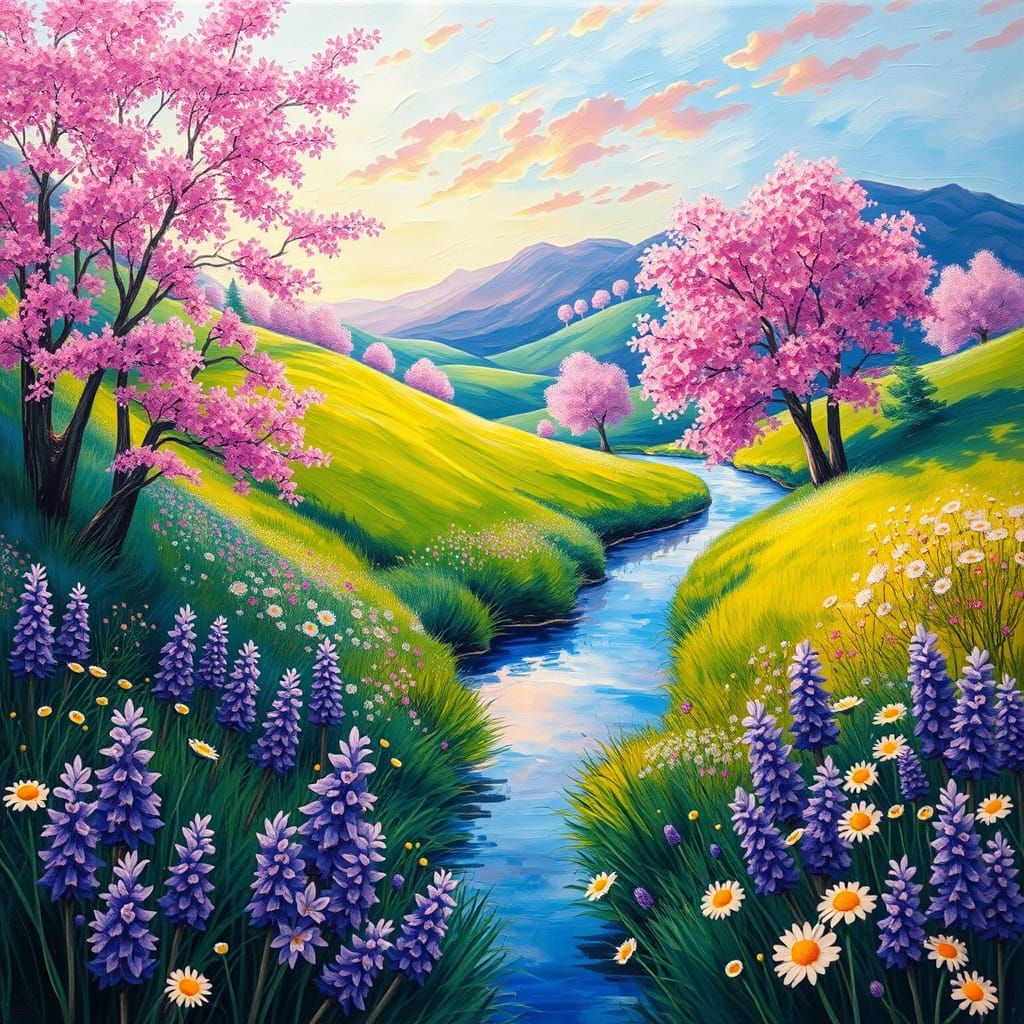 Impressionistic Valley Scene with Vibrant Blooms