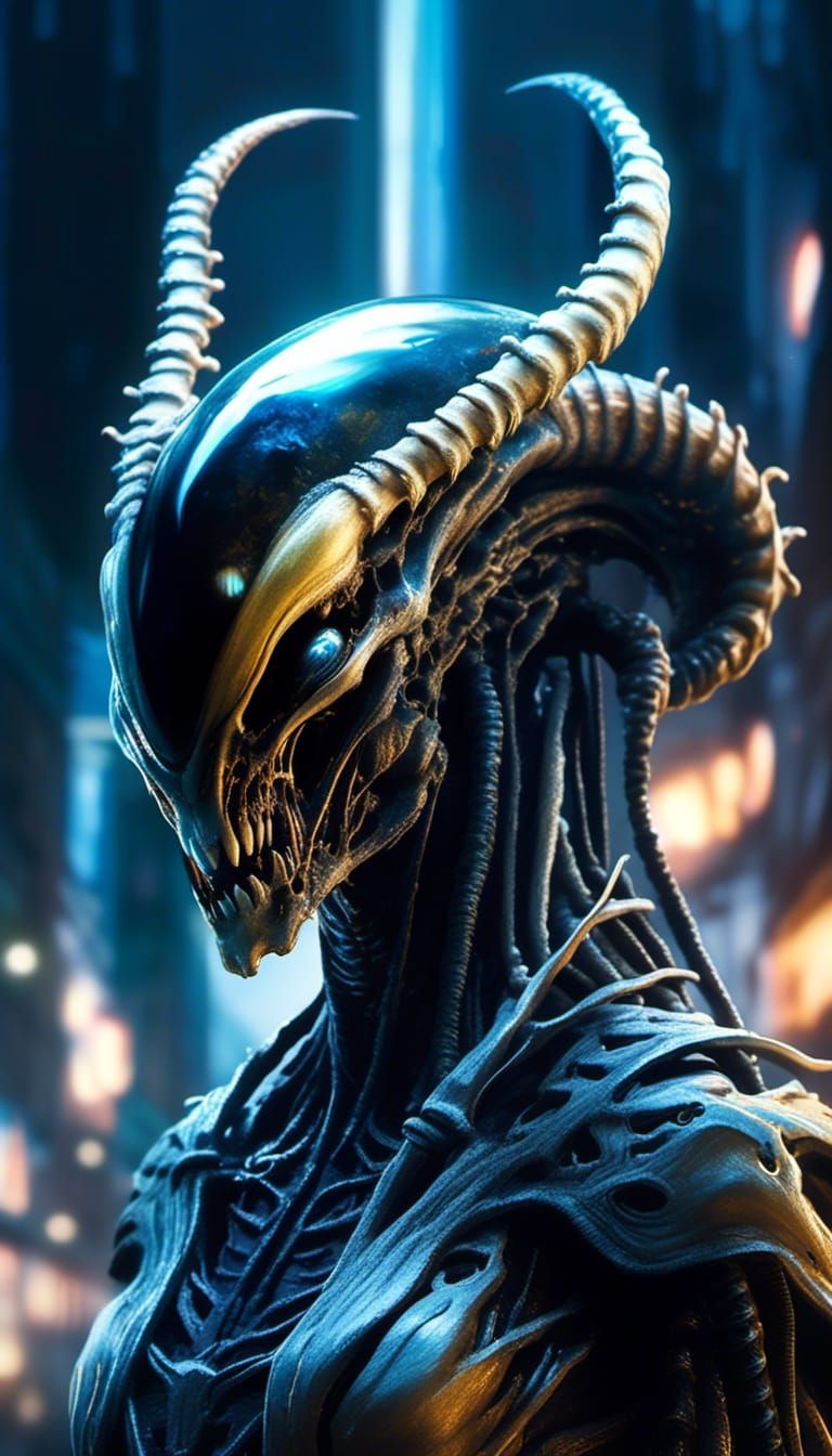 Cybernetic Xenomorph Portrait in Darkened Post-Apocalyptic L...