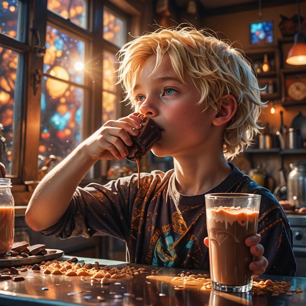 Whimsical Boy Sips Chocolate Milk in a Fantastical Kitchen