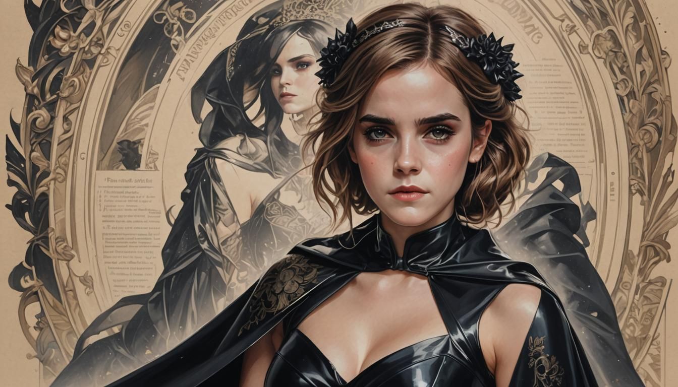 Emma Watson in Black Latex Wedding Attire with Art Nouveau A...