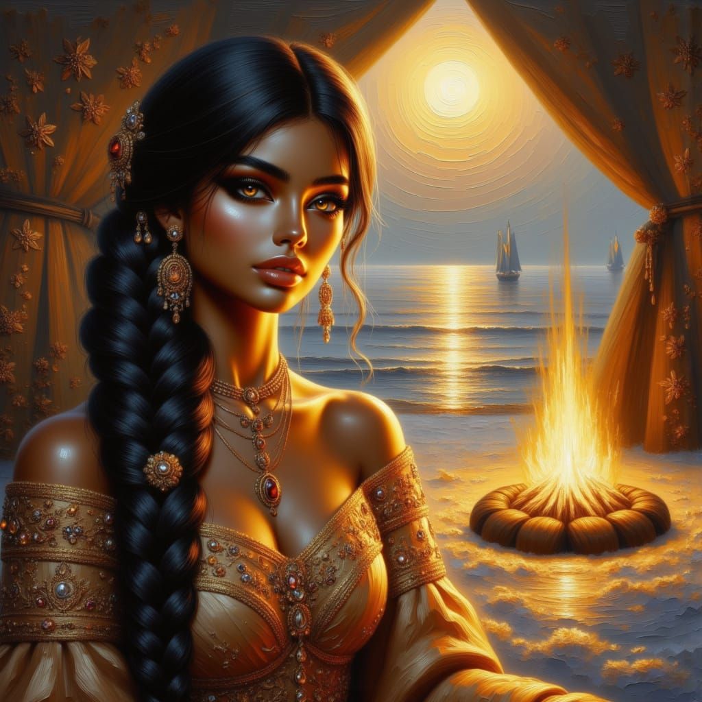 Siberian Princess by Firelight in a Yurt, Ink Wash Style