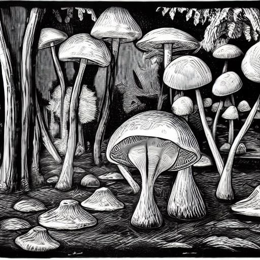 Healing Mushrooms in Linocut Style