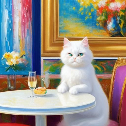 Joyful Persian Cat Savoring Champagne in Whimsical Cafe