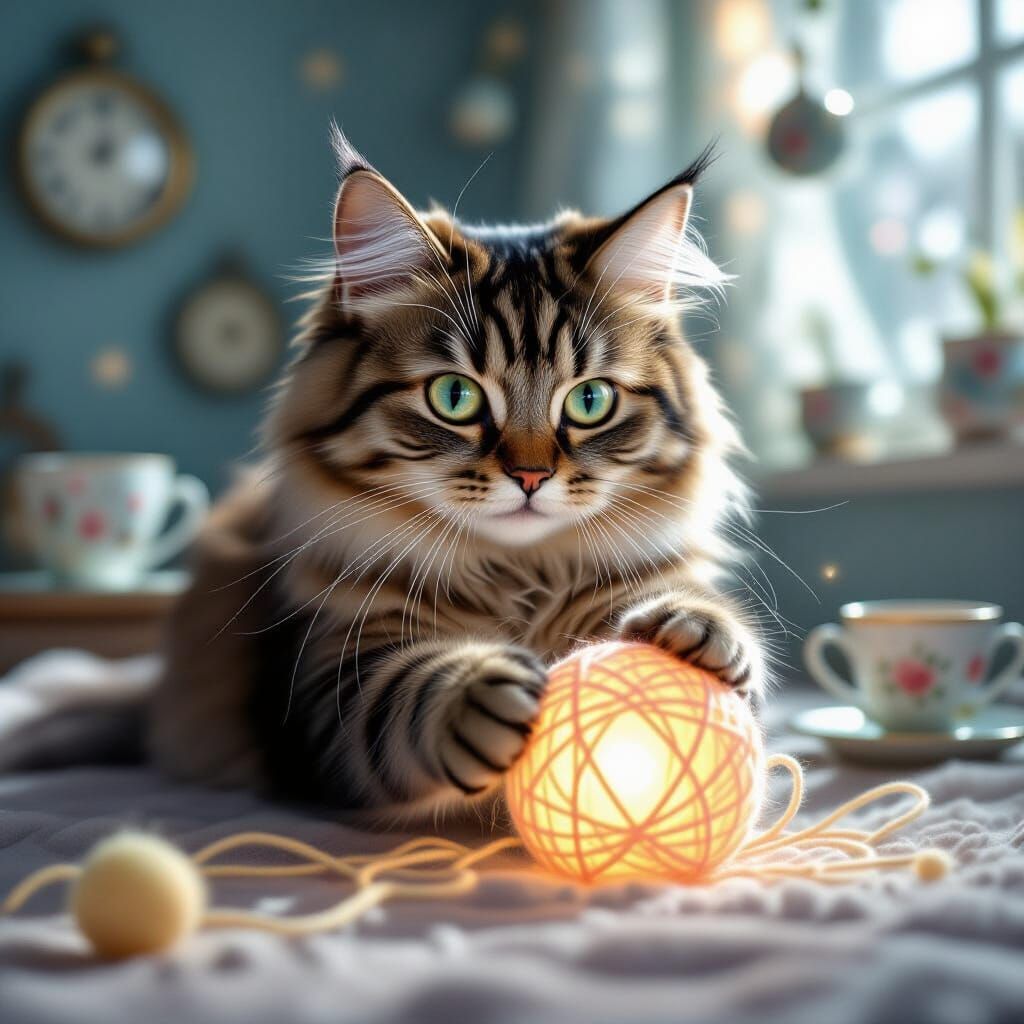 Hyperrealistic Cat Playing with Glowing Yarn