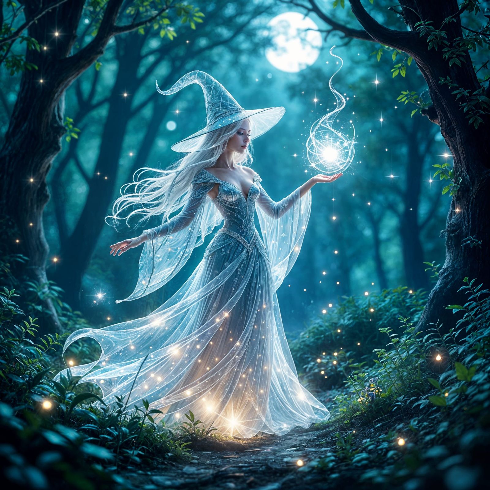 Whimsical Glass Sorceress in Moonlit Forest