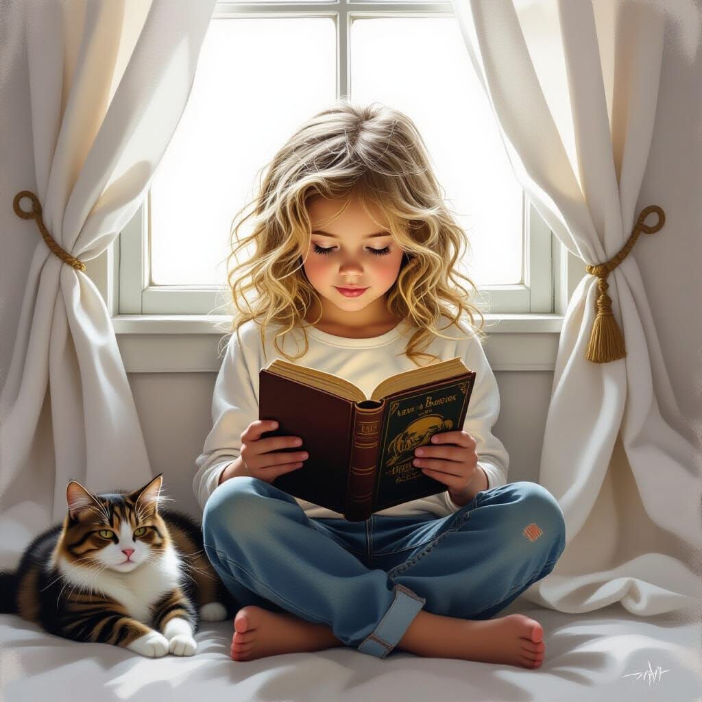 Girl Reading Book with Cat, Digital Art Style