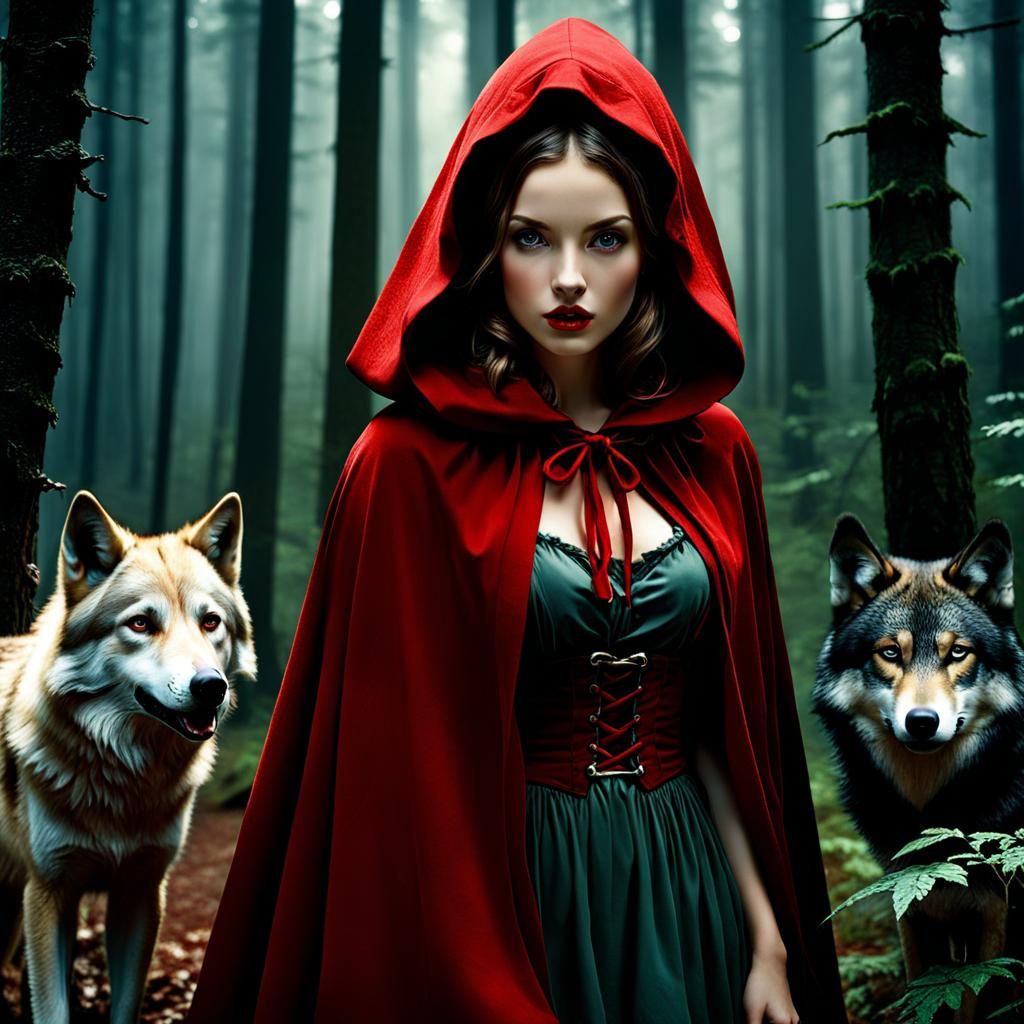 Surreal Little Red Riding Hood Portrait in Dark Fantasy Fore...