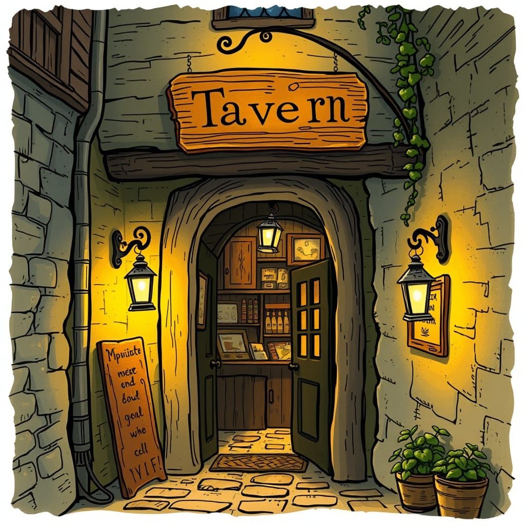 Cozy Tavern Entrance with Warm Lantern Light